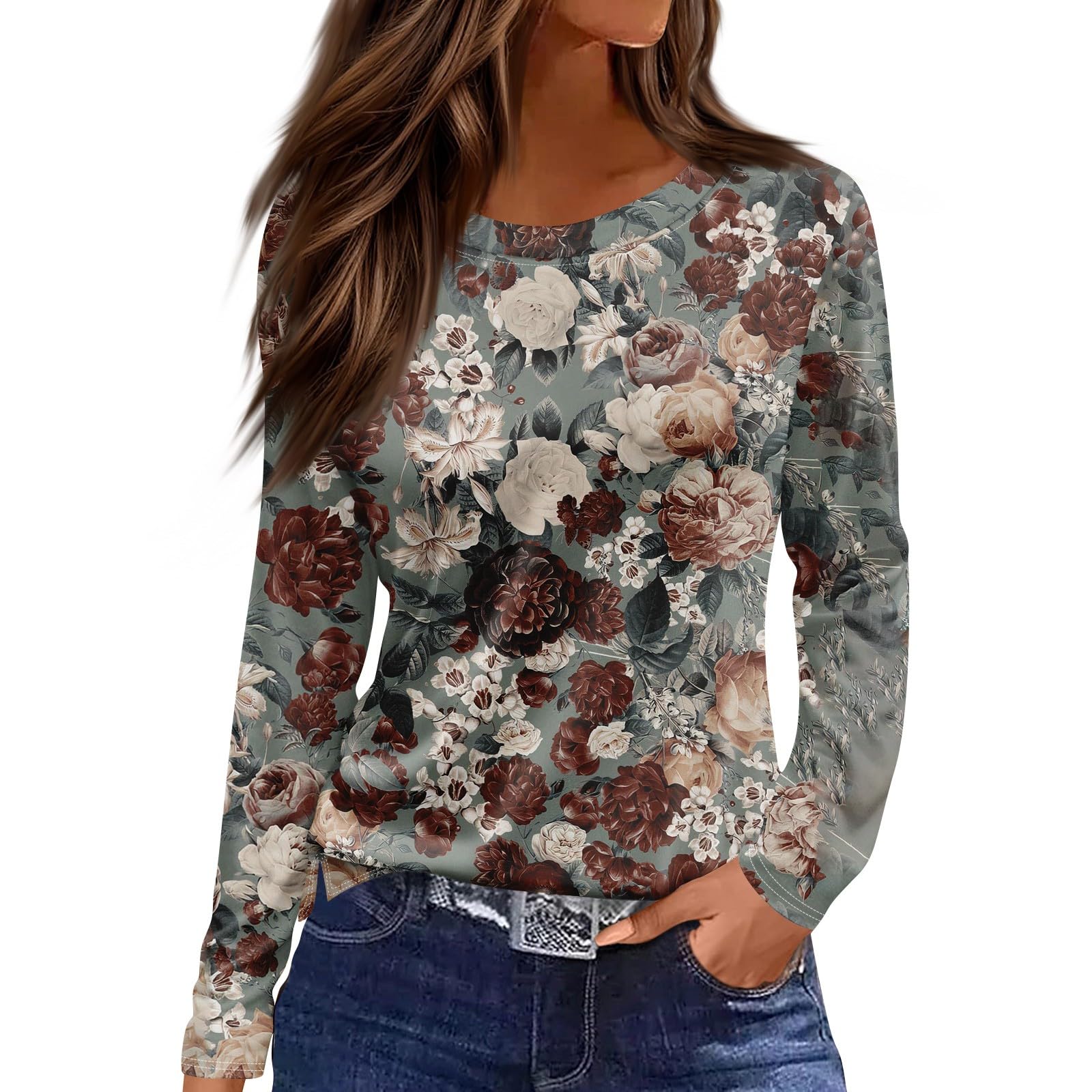 

Женская повседневная футболка с 3D-принтом, цветочным принтом, круглым вырезом, простая элегантная, с длинными рукавами, женская мода, пуловер с длинными рукавами L