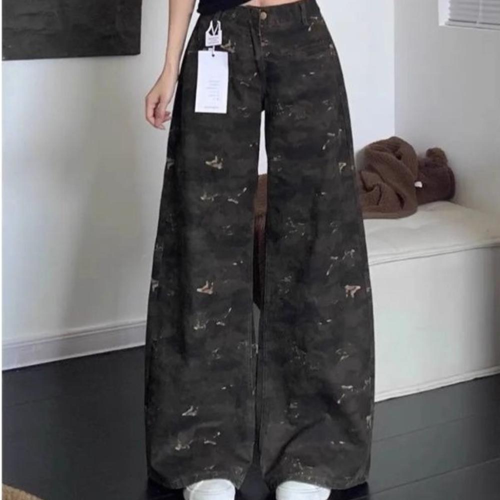 Women s High Waist Camouflage Cargo Jeans Loose Wide Leg Denim Pants Vintage Streetwear Trousers S