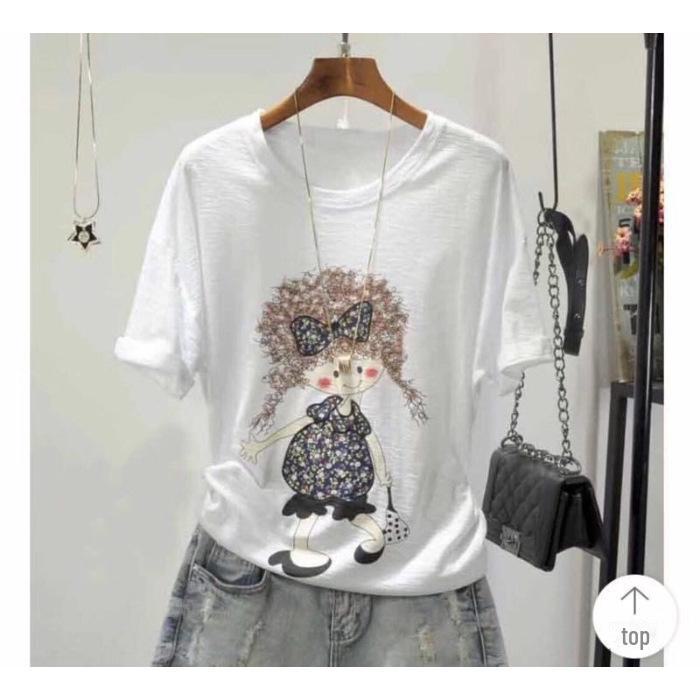 

«Женские футболки с коротким рукавом из бамбукового хлопка с принтом: Свободные, универсальные корейские летние топы. Extra Extra Large