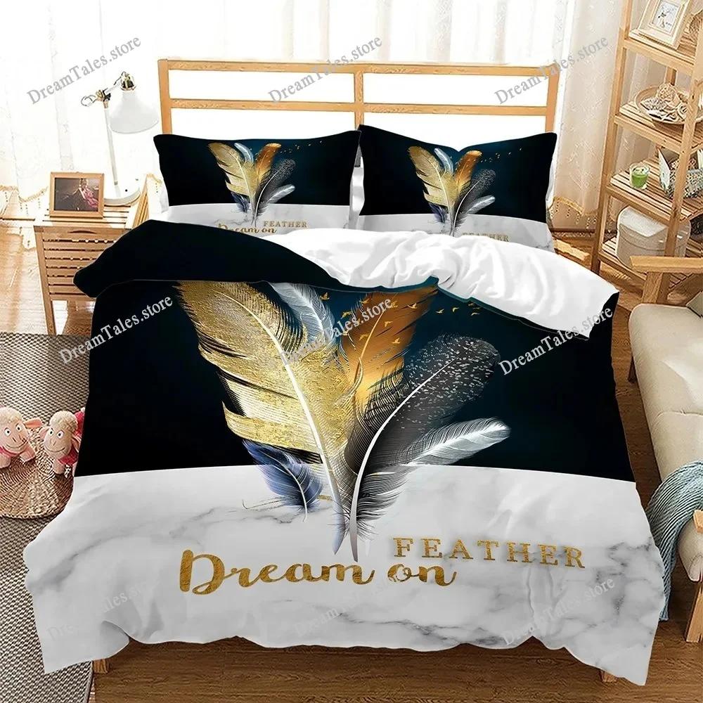 Feather Duvet Cover Set 3D Golden Feather Marble Polyester Pillowcases Quilt Cover Home Decor Gift Twin King Queen Bedding Set