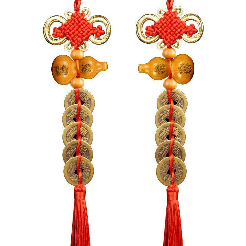 Fu Lu Men Shen Five Emperors Coins Pendant with Chinese Knot and Peach Wood Gourd - Antique Home Decor Solution for Door Alignment.