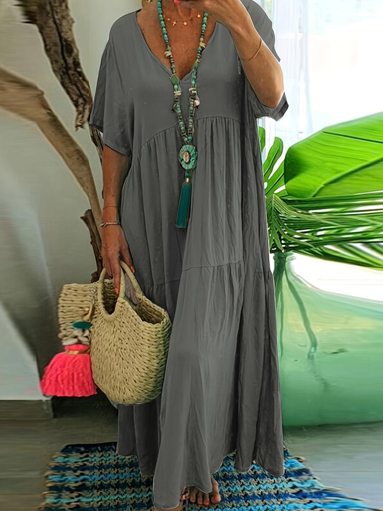 European and American summer new women's clothing solid color loose V-neck short-sleeved big swing dress