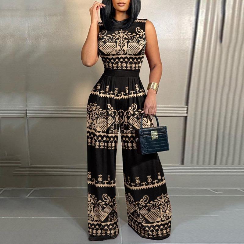 Women's Fashion Casual Summer Spring Flower Pattern Print Sleeveless O-Neck High Waist Trousers Jumpsuits & Rompers