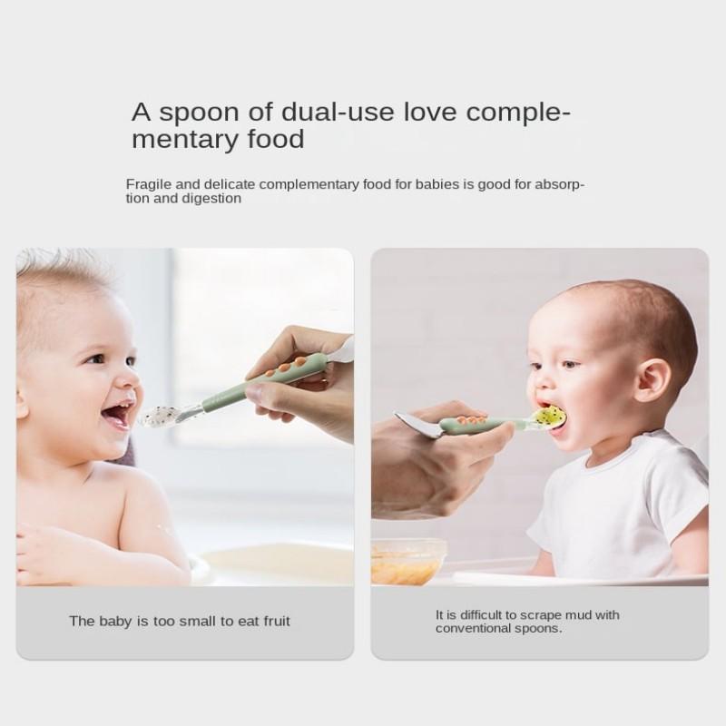 Baby Double Head Scraping Fruit Spoon Double-ended Silicone Stainless Steel Children's Tableware Toddler Complementary Tableware