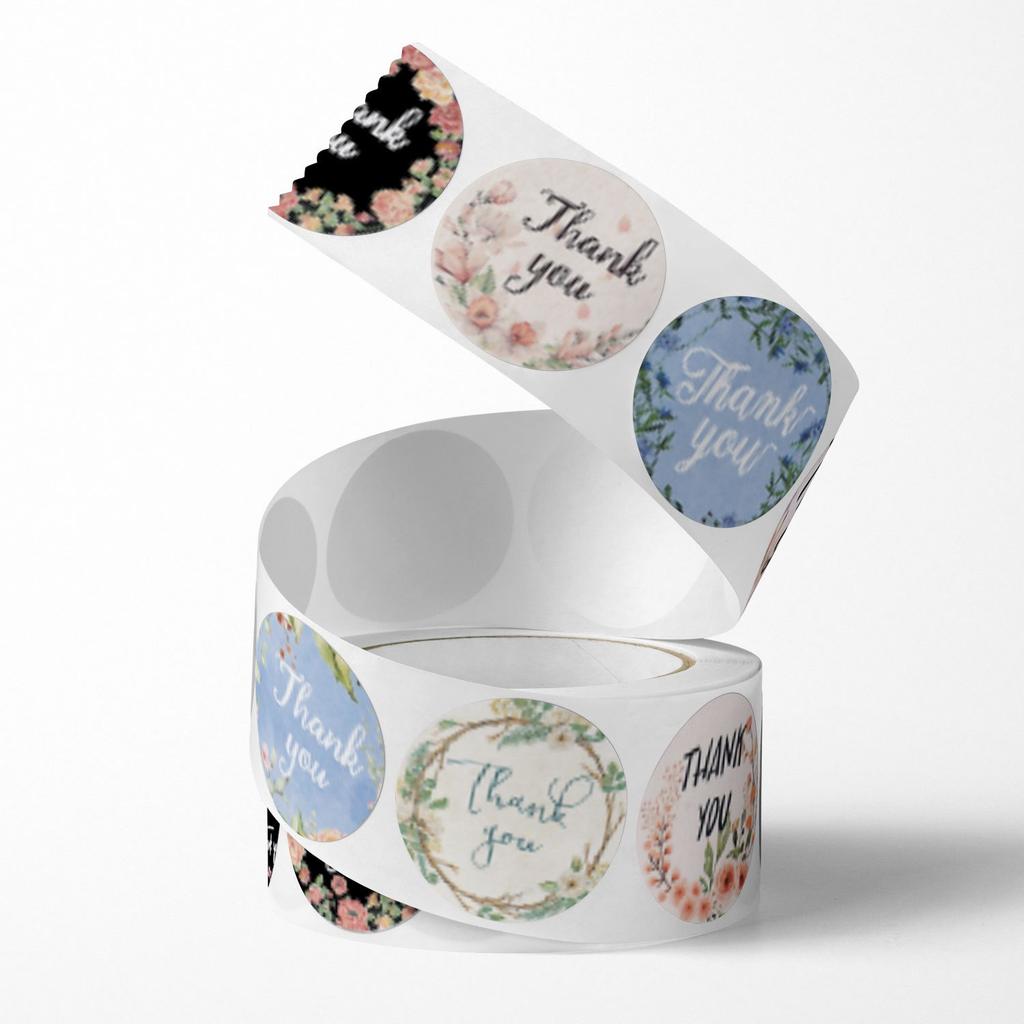 Floral Thank You Stickers Roll - 500 Pieces/roll Thank You Stickers Labels for Envelopes, Bubble Mailers and Gift Bags Packaging