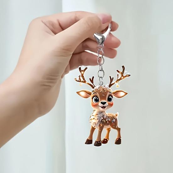 2D Flat Acrylic Elk Pendant Cartoon Deer Car Rearview Mirror Charm Christmas Tree Hanging Decoration for Auto Interior Accessories Holiday Window Wall