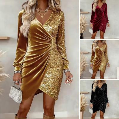 Dames Pailletten Fluwelen Wikkel Mini Jurk Lange Mouw V-Hals Gecentreerde Bodycon Jurk Bruiloftsgast Avond