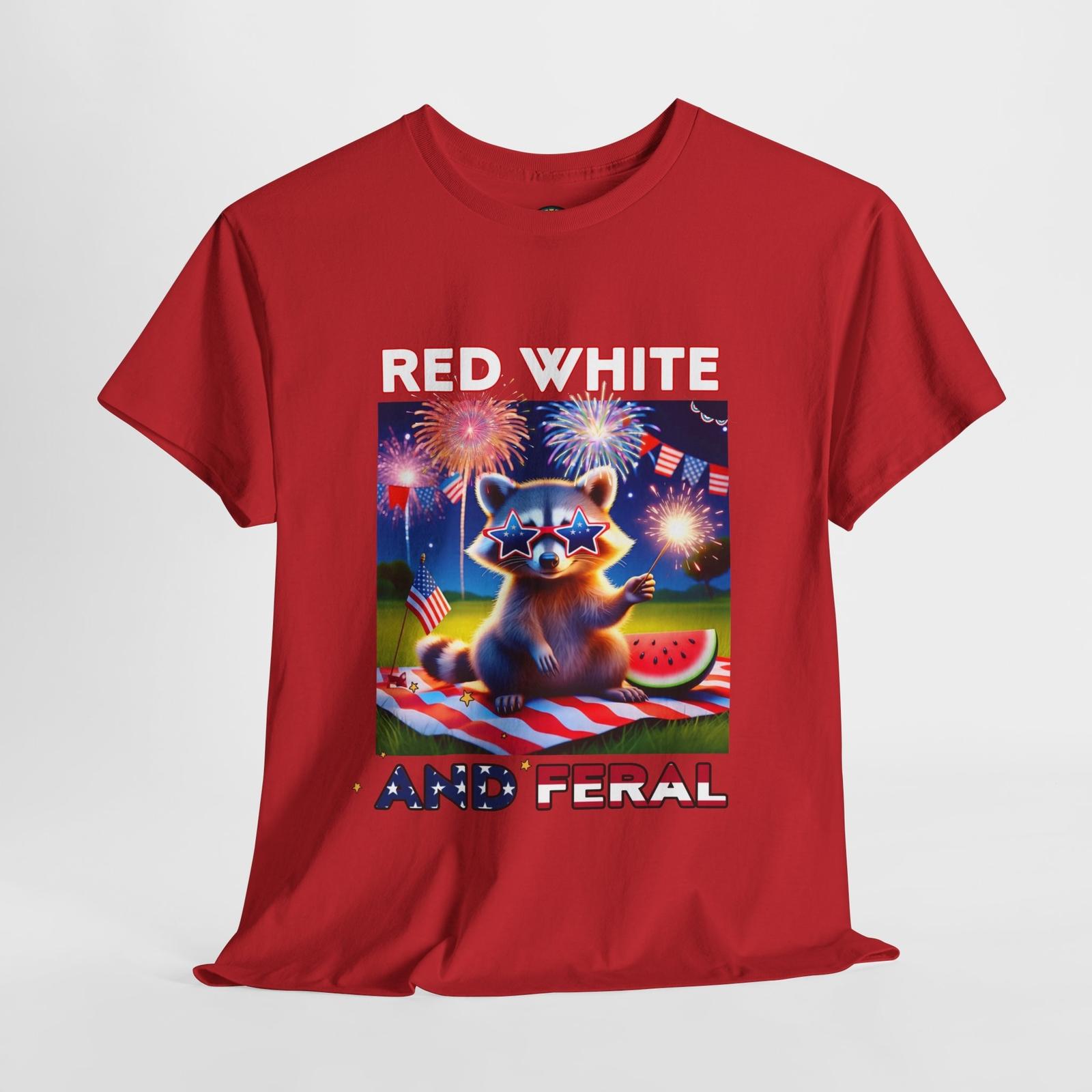 Red White and Feral Raccoon T-shirt July 4th Patriotic Unisex Tee L