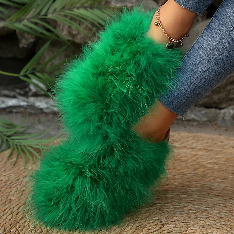 Fashion Korean Faux Fur Cotton Slippers for Women Slip On Round Toe Fur Slippers Woman Winter Non Slip Solid Color Plush Slides Female