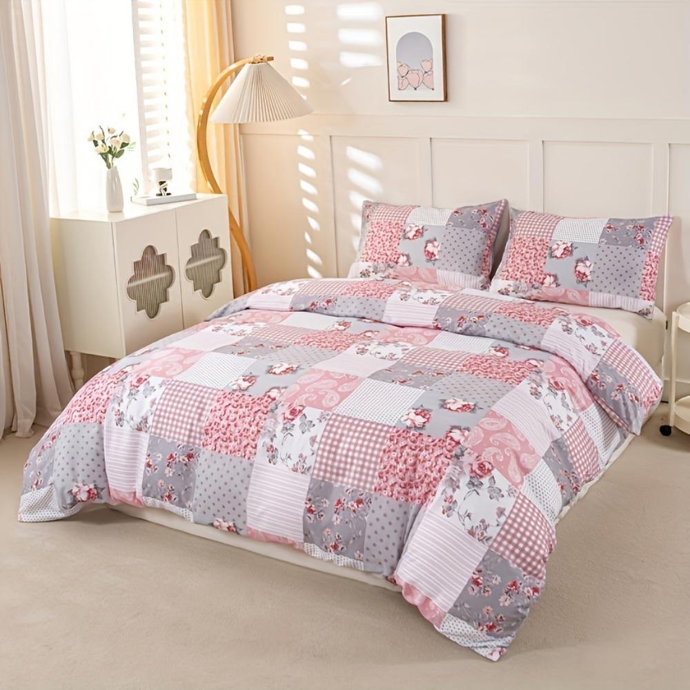 3pcs Pink Bedding Set Grid Flower 3D Printed Cozy Duvet Cover Set King Queen Twin Single Size Birthday Gift Adult Bedroom Decor