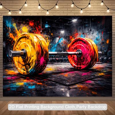 2D Flat Fitness-themed Banner Background Fabric - Artistic Splatter-style Barbell themeDJH