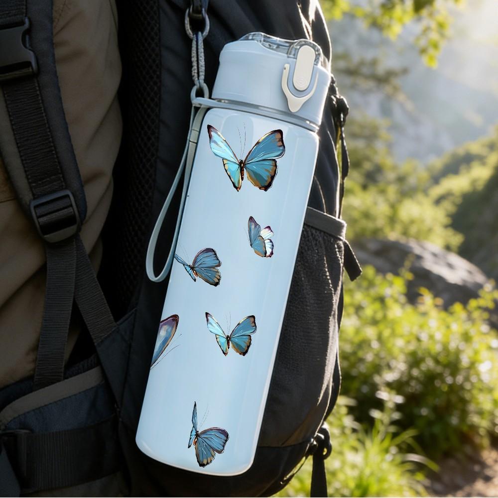 1PC Multiple Blue Flying Butterfly Pattern 750ml Color Plastic Sports Water Bottle Leakproof Flip Straw Lid Suitable for Sports Office Home Use
