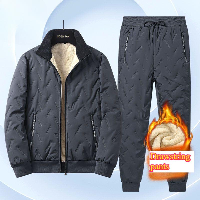 Men's  Winter Fleece-Lined Cotton Coat Set Cotton Trousers Lambswool Cotton Jacket Warm Coat Two-Piece Set