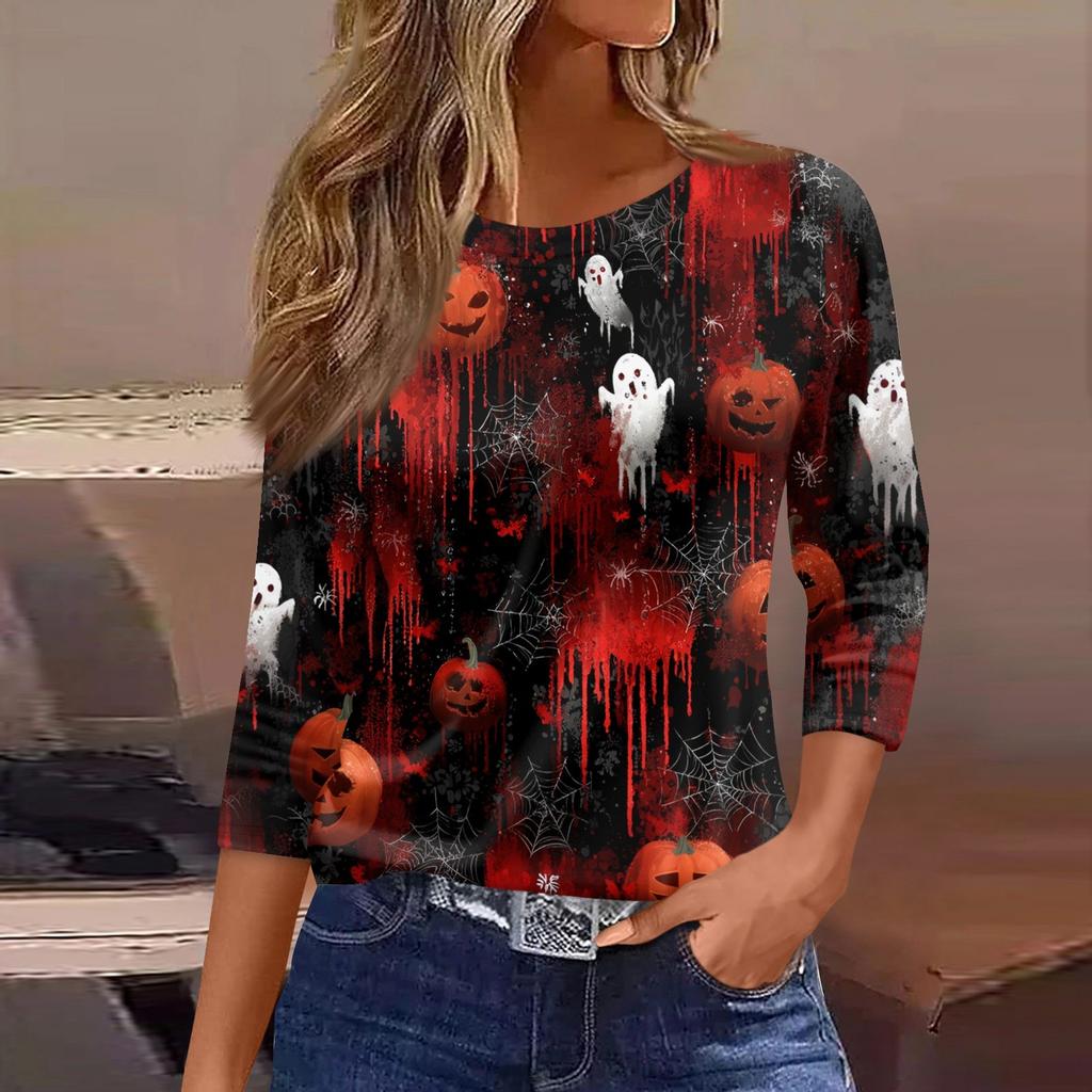 Mote Casual Rund Hals 3/4 Erme Løs Trykket T-skjorte Dame Topp