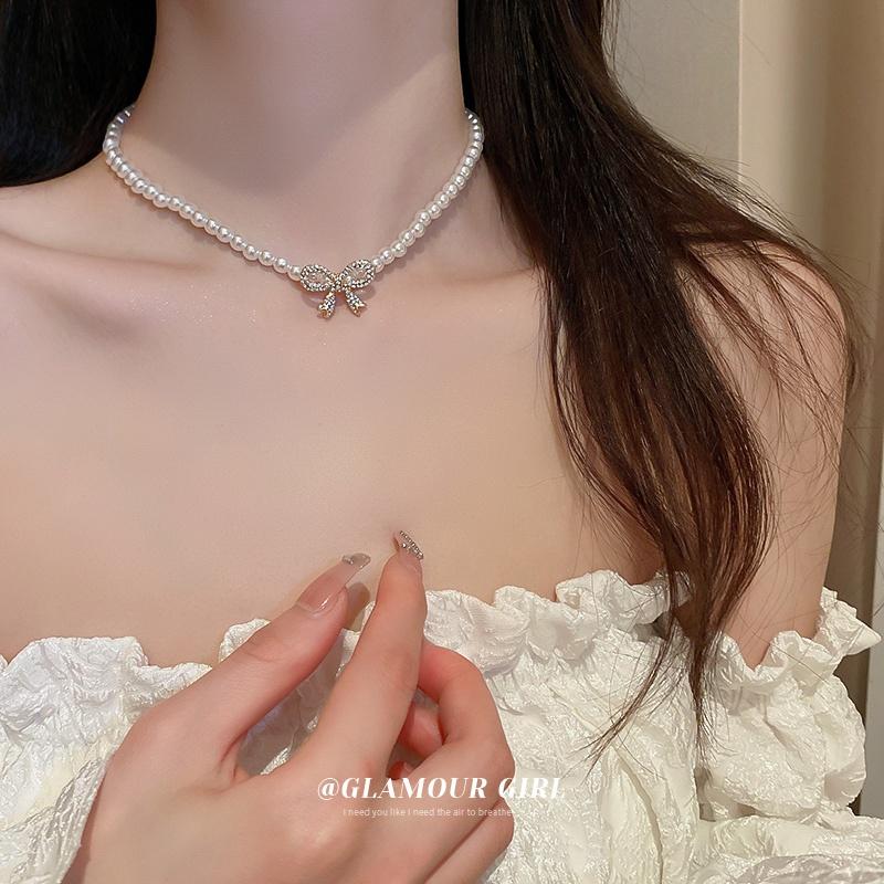 Elegant  Bead Chain Necklace Bowknot Heart Butterfly Zircon Choker for Women Fashion Accessories Jewelry