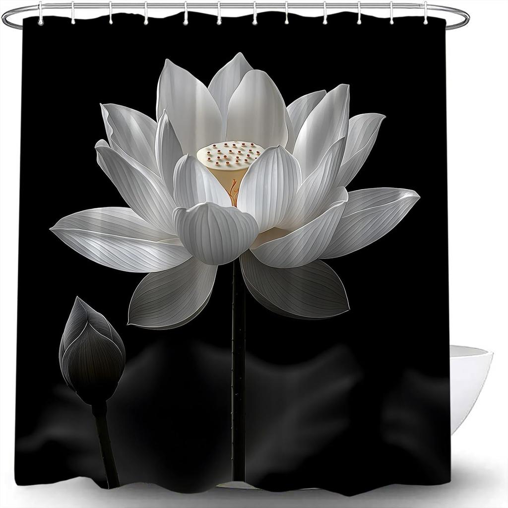 Lotus Shower Curtain Black White Flower Asian Elegant Blooming Floral Plant Nature Modern Art Bath Curtain with Hooks