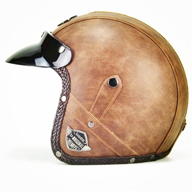Open Face Retro Helmet Motorcycle Helmet Vintage Retro PU Leather Motocross Scooter Jet Glasses