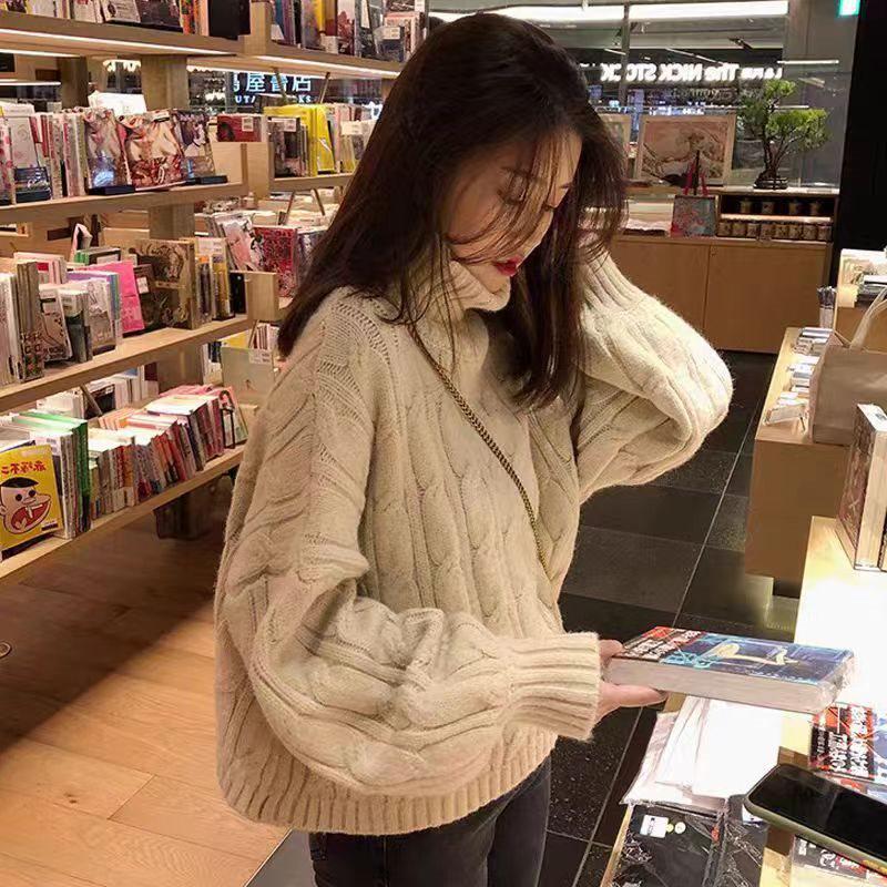 Dámský silný copánkový svetr s vysokým límcem - 2025 Zimní volný pulovr, Všestranný top jako vnitřní vrstva