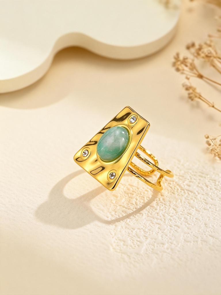 Retro Zircon Natural Stone Rings for Women Square Double Layer Stainless Steel Opening Ring Female Luxurious Jewelry Gifts