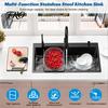 Kitchen Sink Black Sink, Embedded/Top Mounted Stainless Steel Workbench with Cutting Board & Drainage Basket, Single Bowl Accessories (31.5 x 17.7in)