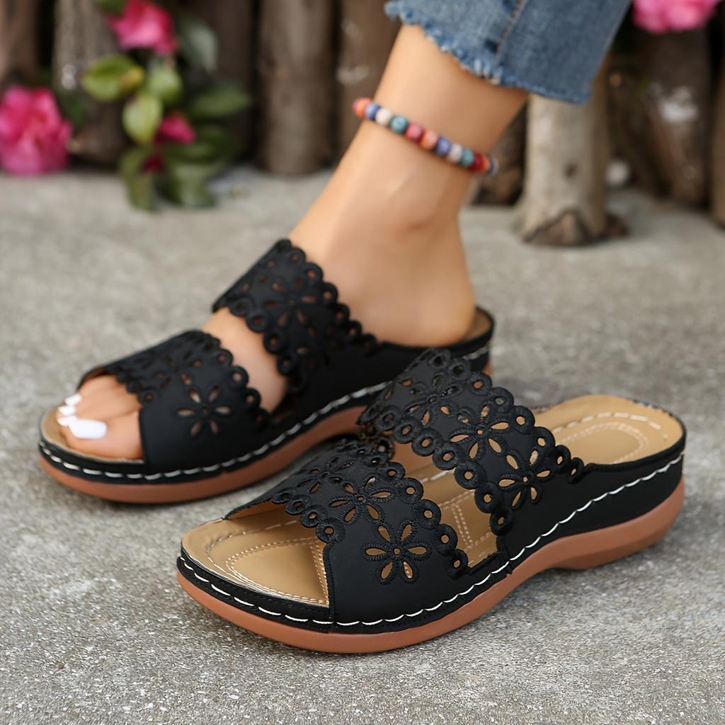 Ladies' Floral Hollow Slip In Sandals - Summer Breathable Open Design Mid Heel Casual Shoes with Soft PU Sole,  Cross Strap Sandals