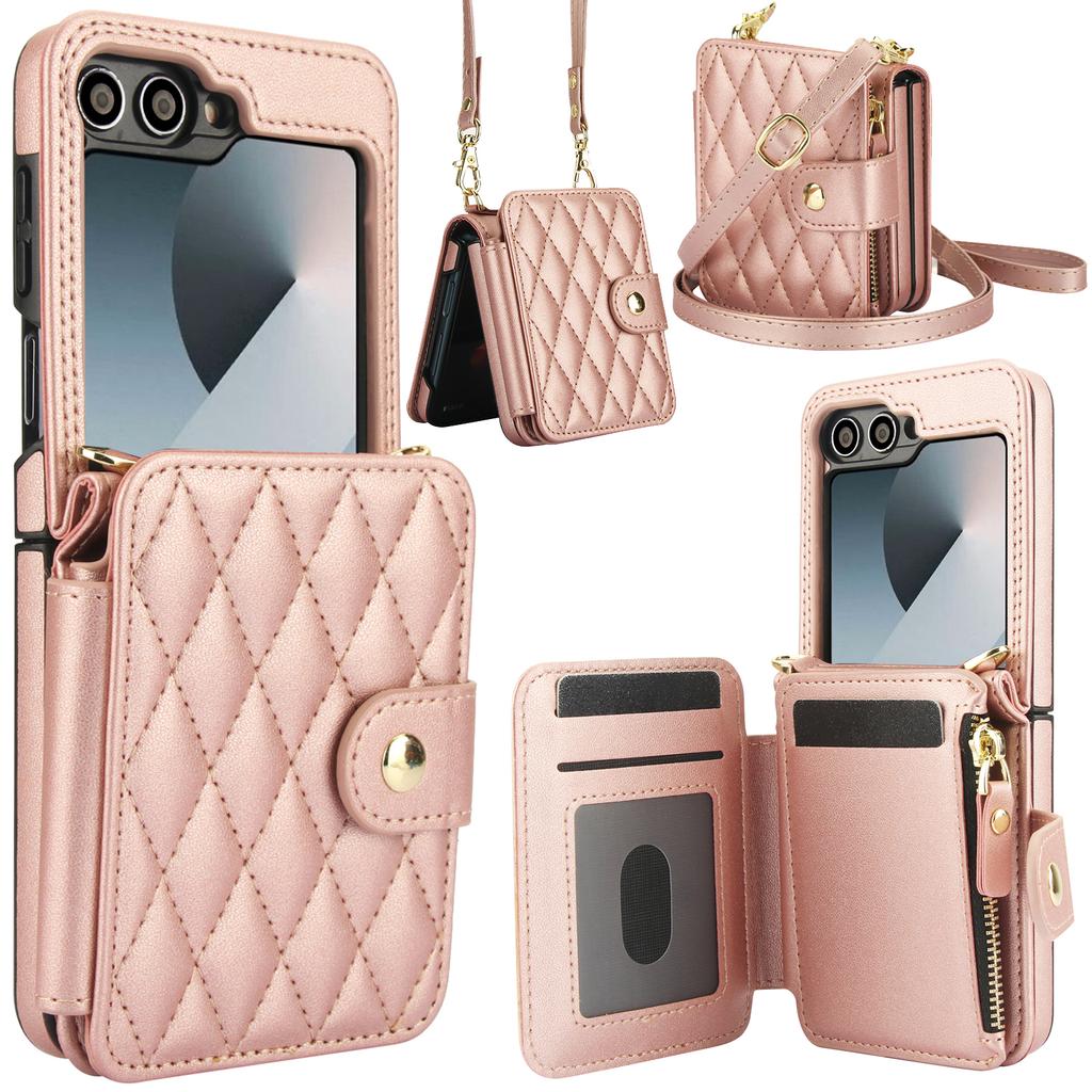 Crossbody Zipper Cards Solt Wallet Leather Case for Samsung Galaxy Z Flip 7 FE 6 5 4 Grid Pattern Flip6 Flip5 Long Lanyard Cover
