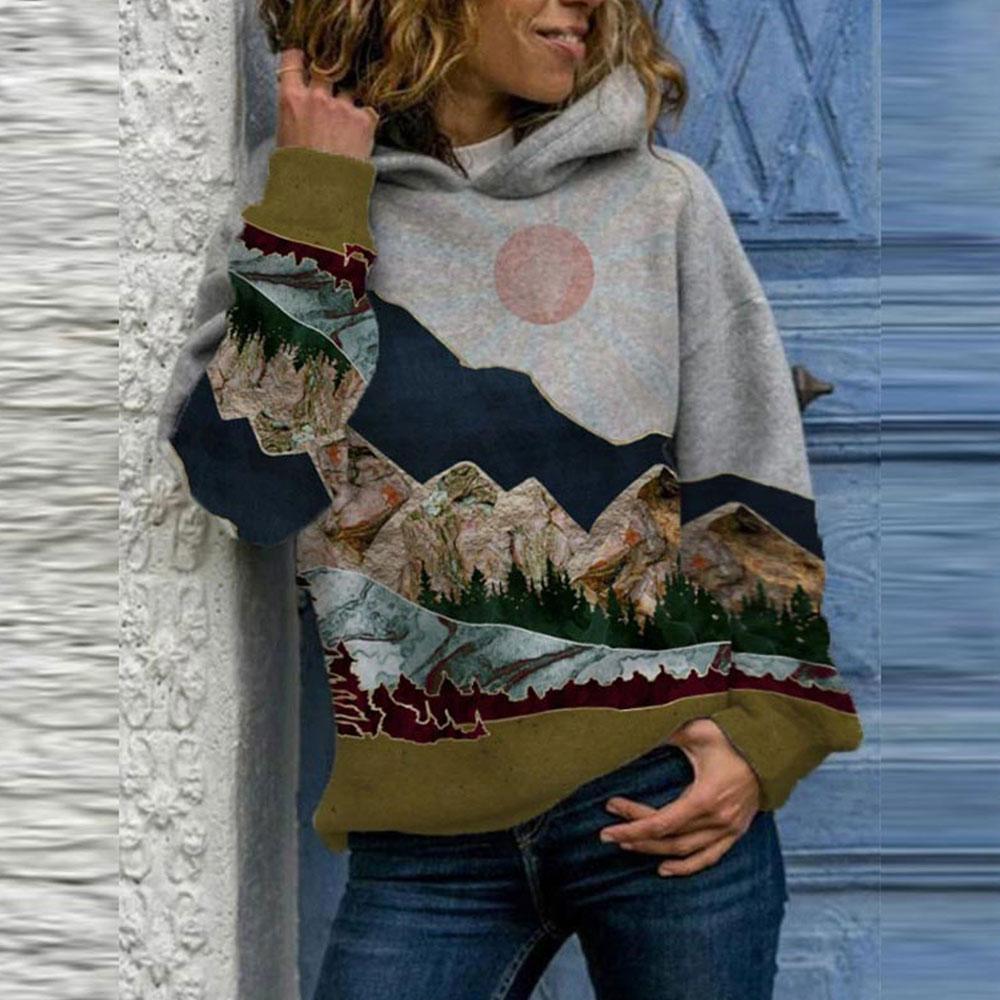 Felpe con cappuccio vintage Harajuku da donna, eleganti, con stampa di montagna, felpe larghe, tute casual primaverili, pullover oversize