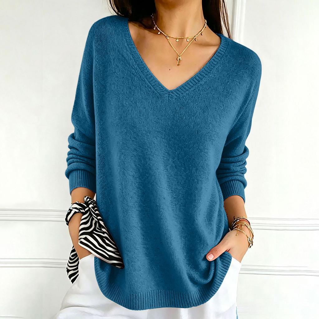 Women's Color V-Neck Long Sleeve Knit Sweater Casual Basic Lightweight Top for Daily Wear