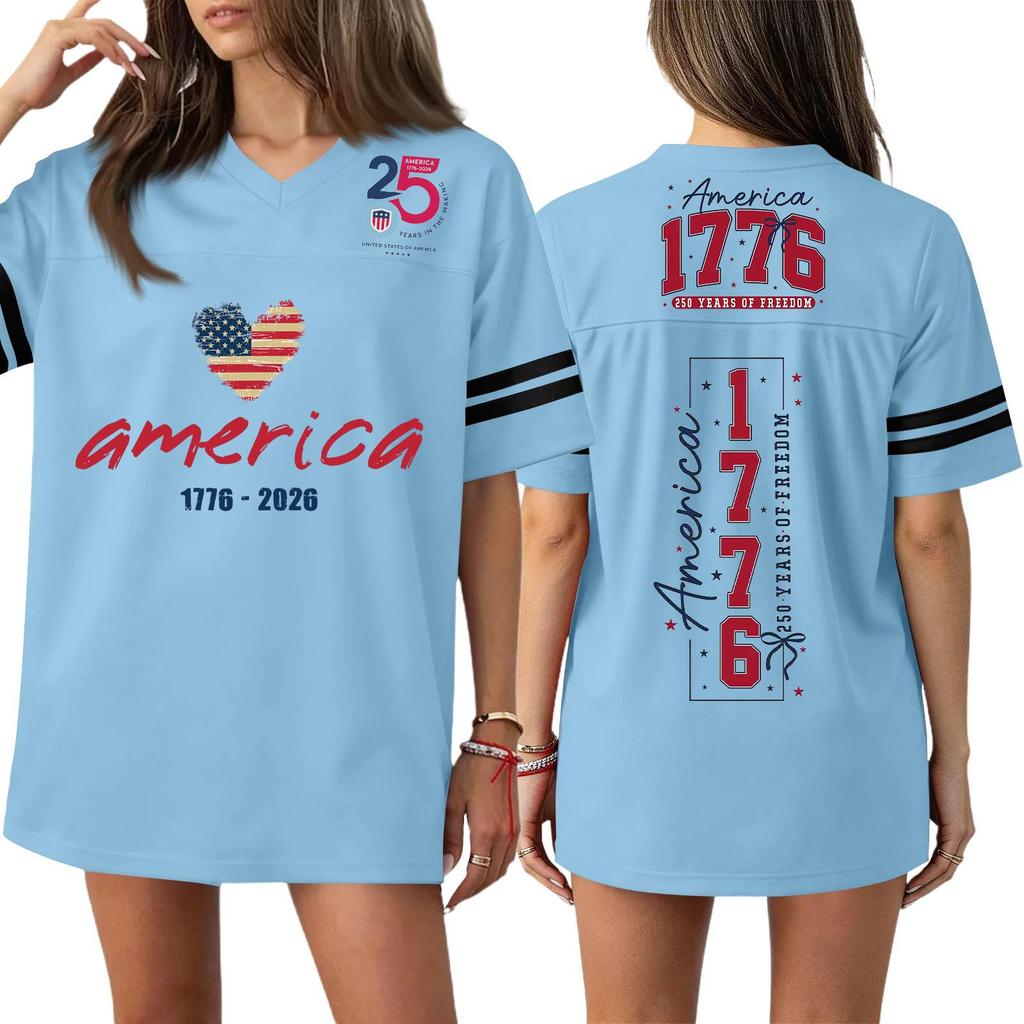 Damska Codzienna Modna Koszulka Sportowa z Dekoltem V z Nadrukiem na Dzień Niepodległości Krótkim Rękawem Top