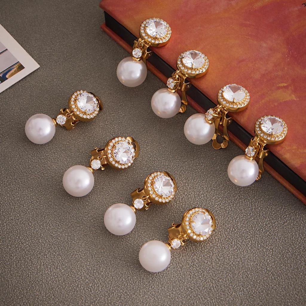 Blazing Zircon & Imitation Pearl Pendant Stainless Steel Earrings