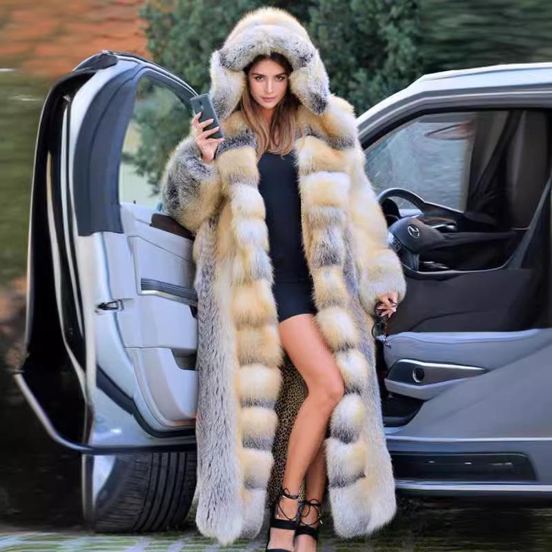 2023 Toamnă Femei Palton Lung cu Glugă Patchwork Blană Faux