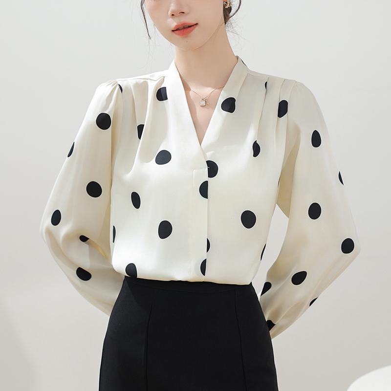 Women Blouses Shirts 2025 Spring Long Sleeve Women Blouse Shirt V-Neck Dot Elegant Blouse Shirt Women Tops J922