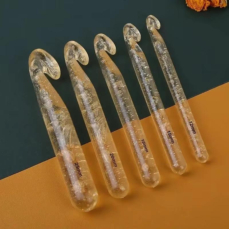 1Set 5Pcs 12/15/18/20/25 Mm Transparent Crystal Crochet Hooks Set Weave Sewing Tools Embroidery Needles Big Knitting Needles