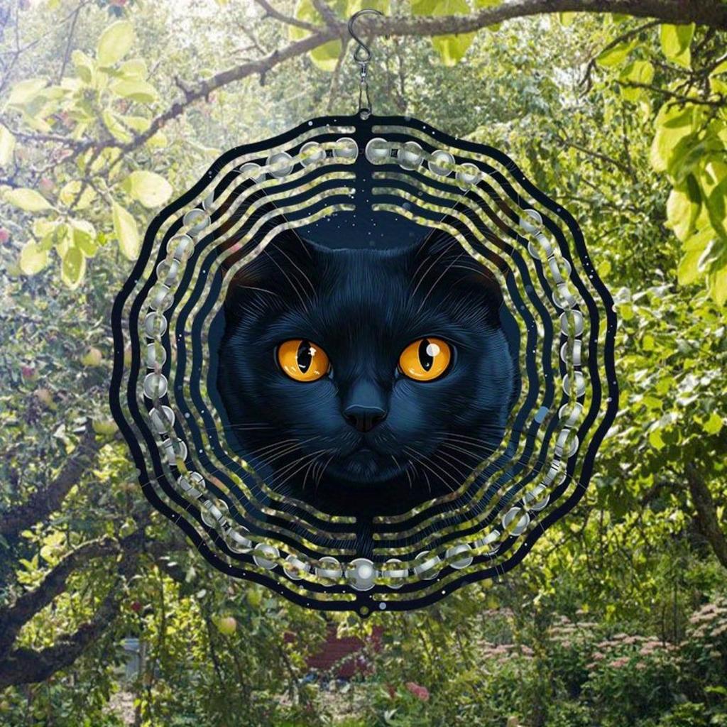 Závěsná větrná zvonkohra Perlová Černá Kočka Vzor Směrovka Větru Gyro Kovová Dekorace pro Venkovní Zahradu Patio Vnitřní Prostor Ideální Dárek pro Festival