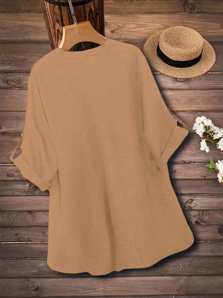 Plus Size Solid Color V-Neck Long Sleeve Button-Up Top - Women's Spring/Autumn Elegant Shirt