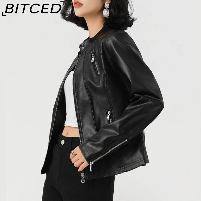 BITCED Autumn Slim-Fit Women's Leather Jacket Slim-Fit Outerwear Leather Clothing for Women