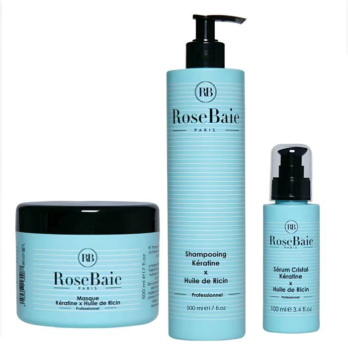 RoseBaie Huile de Ricin et Kératine Shampoing 500ml + Masque 500ml + Sérum 100ml