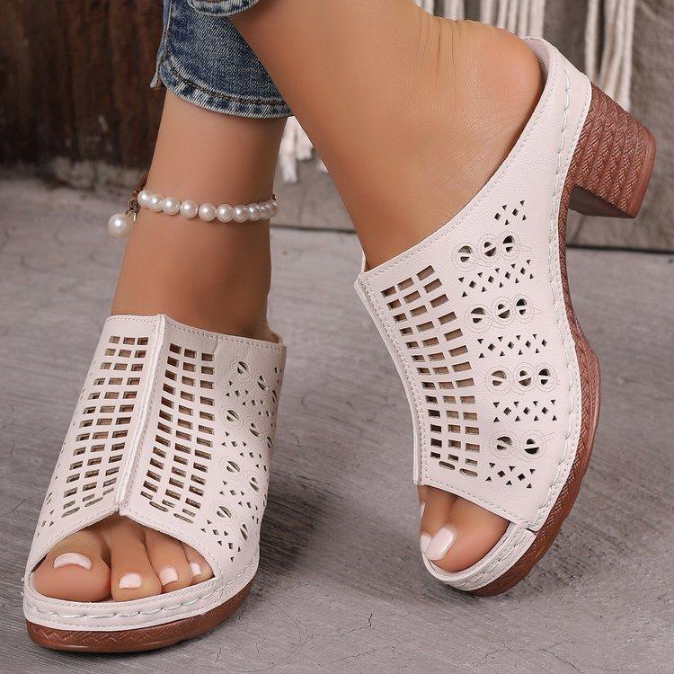 

Temu printing hollow middle heel heel heightening European and American style fish mouth beach sandals summer new rocking shoes spot 43