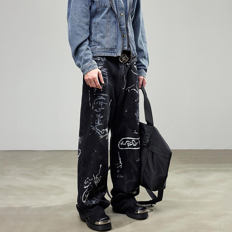 Bajia personalized denim floor pants American street hip hop graffiti jeans loose wide-leg casual men's and women's trousers