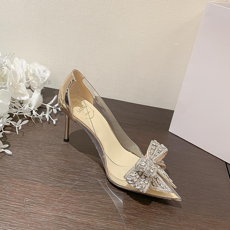 2025 Fashion Sliver Rhinestone Bow PVC Transparent Women Pumps Autumn Stiletto High Heels Sexy Bride Party Wedding Dress Shoes