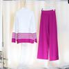 Autumn and Winter Knitted Wide-leg Pants Sweater Set Pullover Elastic Contrast Color Casual Loose Two-piece Women's Clothing