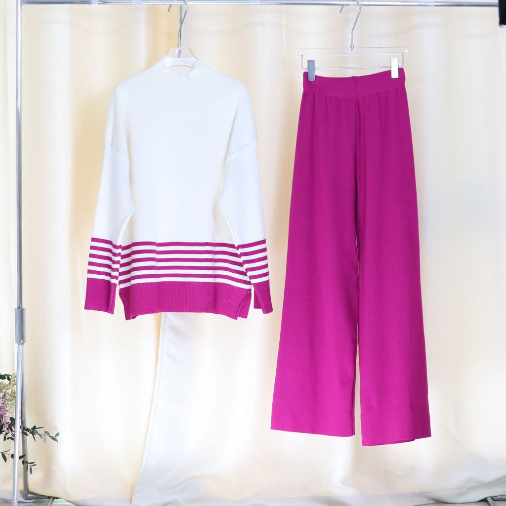 Autumn and Winter Knitted Wide-leg Pants Sweater Set Pullover Elastic Contrast Color Casual Loose Two-piece Women's Clothing