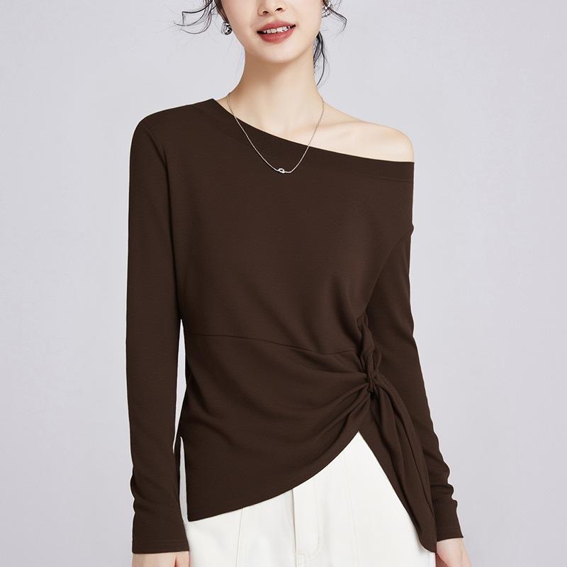

Женский топ с длинными рукавами и открытым плечом, на раннюю осень, с нерегулярным разрезом, облегающий талию, базовый XXXL темно-коричневого