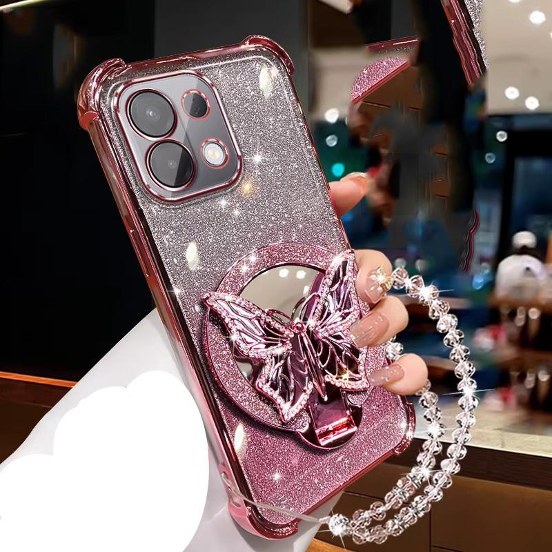 Mirror Glitter Butterfly Crystal Bracelet Case For Xiaomi 17 Pro Max 15T Pro 13T 14T Pro 15 17 Ultra Shockproof Silicone Cover