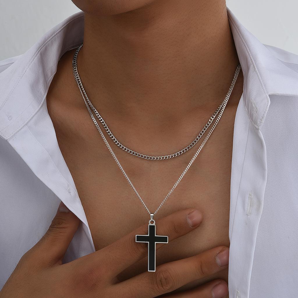 2pcs Stainless Steel Cross Pendant Necklace Set for Men Women Punk Minimalist Silver Color Necklace Chokers Hip Hop Jewelry Gift
