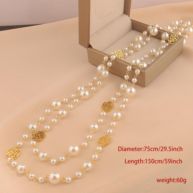 Double Layer Long Necklace for Women Camellia Pearl & Rose Flower Maxi Sweater Chain Plastic Beads Jewelry