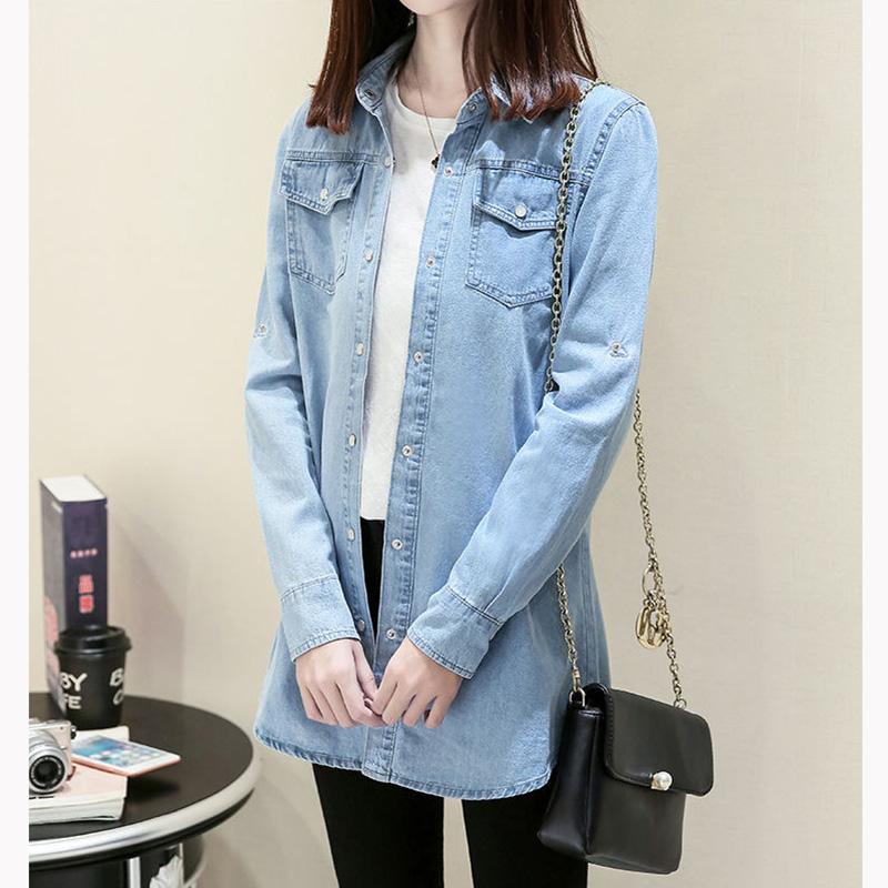 Denim Shirt Thin Jacket Women's Long-sleeved Loose Shirt Jeans Jacket Mid-length Spring Bottoming Shirt Large Size