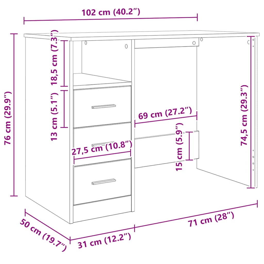 Vintage Wood Effect Desk 102 X 50 X 76 Cm Engineered Wood