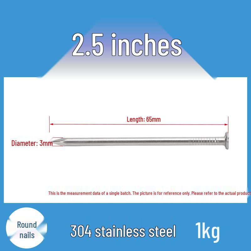 304 Stainless Steel Round Head Carpenter Nails - Available in 5/8, 1, 2, 3, 4, 5, and 6 inch sizes.