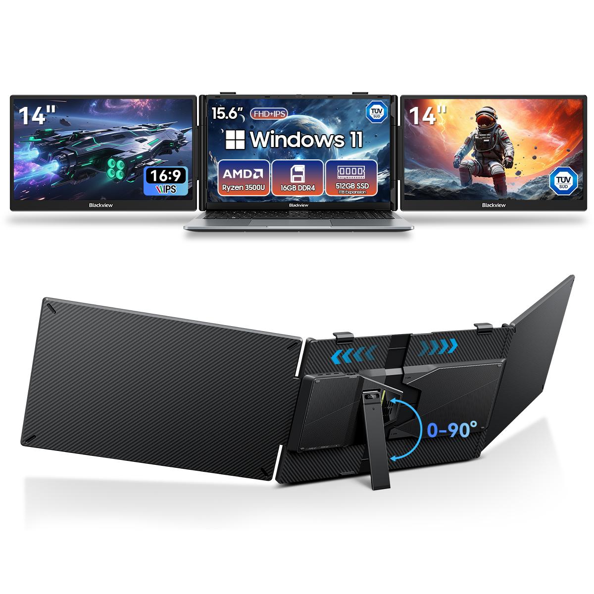 Blackview DCM5 14 1920x1080 FHD IPS Dubbele Draagbare Monitor TÜV Laag Blauw Licht with ACEBOOK6(16+512)3500U zwart